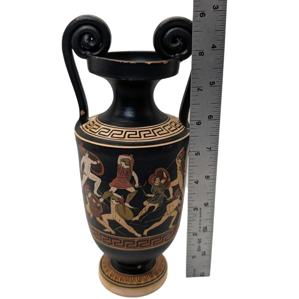 Greek Urn Vase Handmade Red Clay Pottery Grecian Warriors Double Handles SEE
